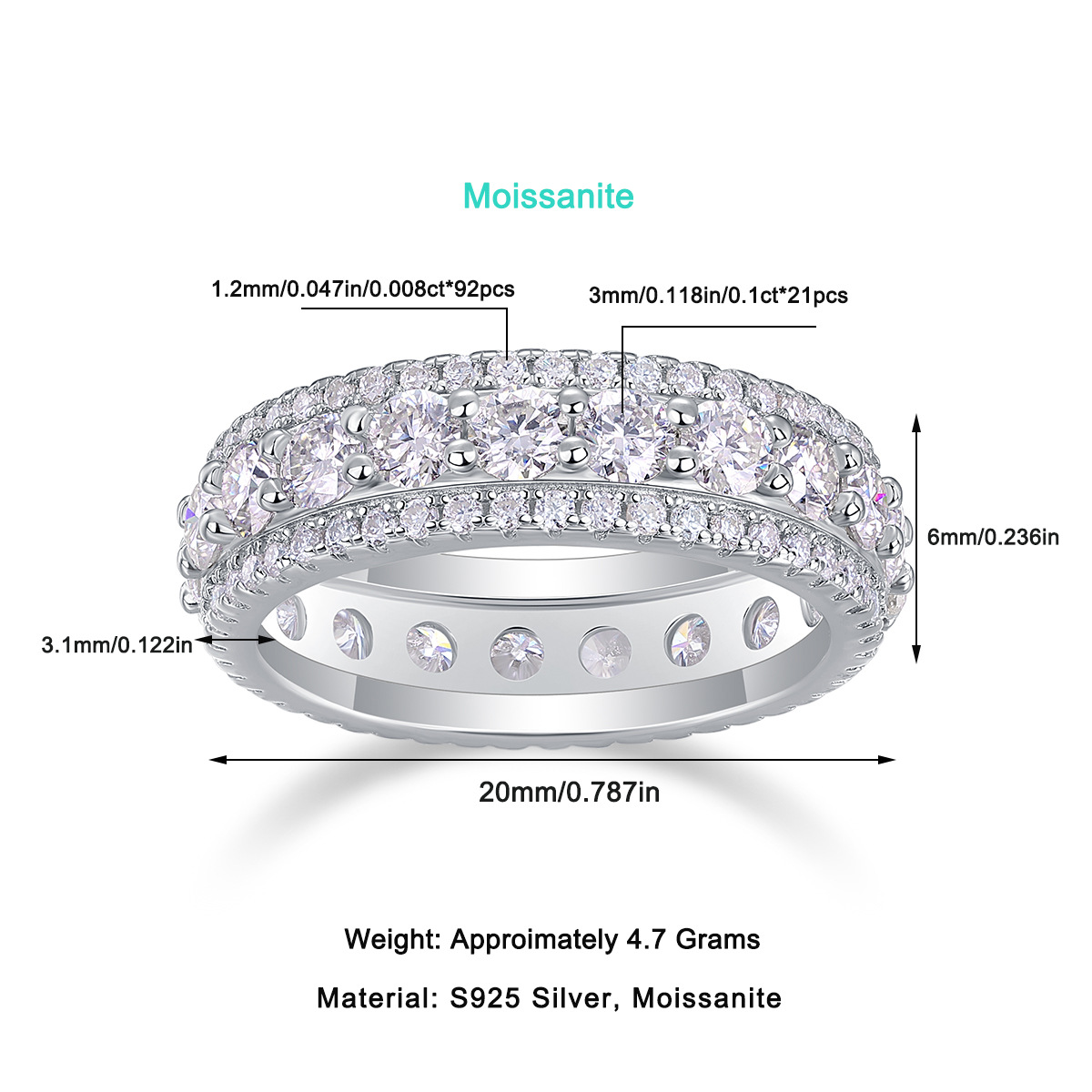 Luna Moissanite Round Cut 3 Row Design Full Eternity Wedding Band In Sterling Silver