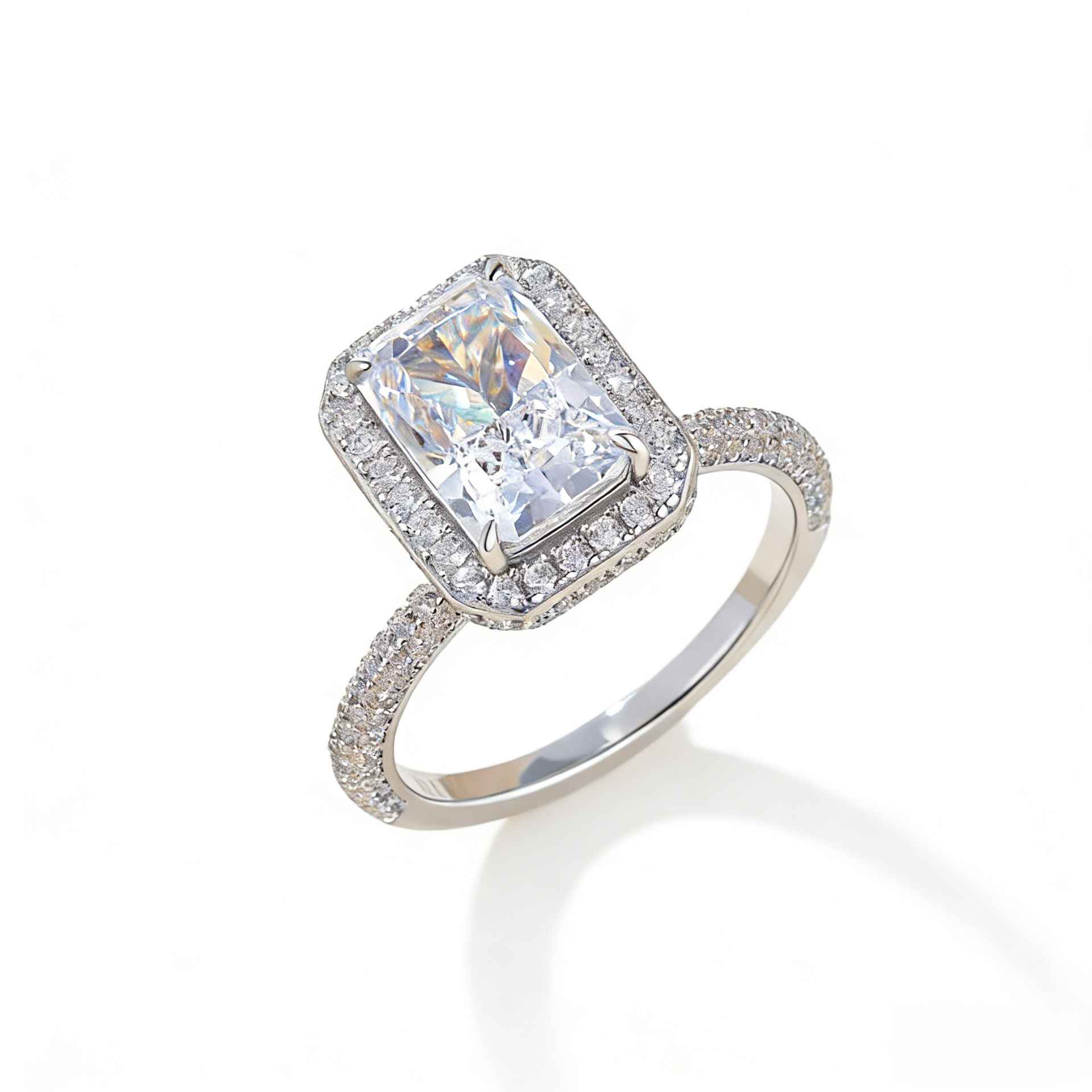 2Ct Moissanite Radiant Cut Halo Engagement Ring with Pave Band in Sterling Silver