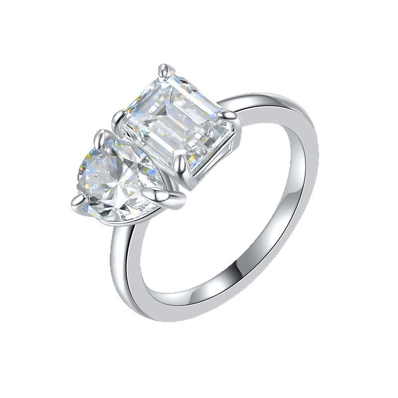 3Ct Emerald Cut Pear Cut Moissanite Geometric Two-Stone Fancy Shapes Sterling Silver Engagement Ring