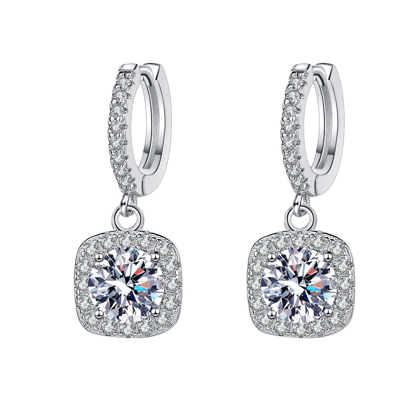 Moissanite Square Halo Drop Earrings