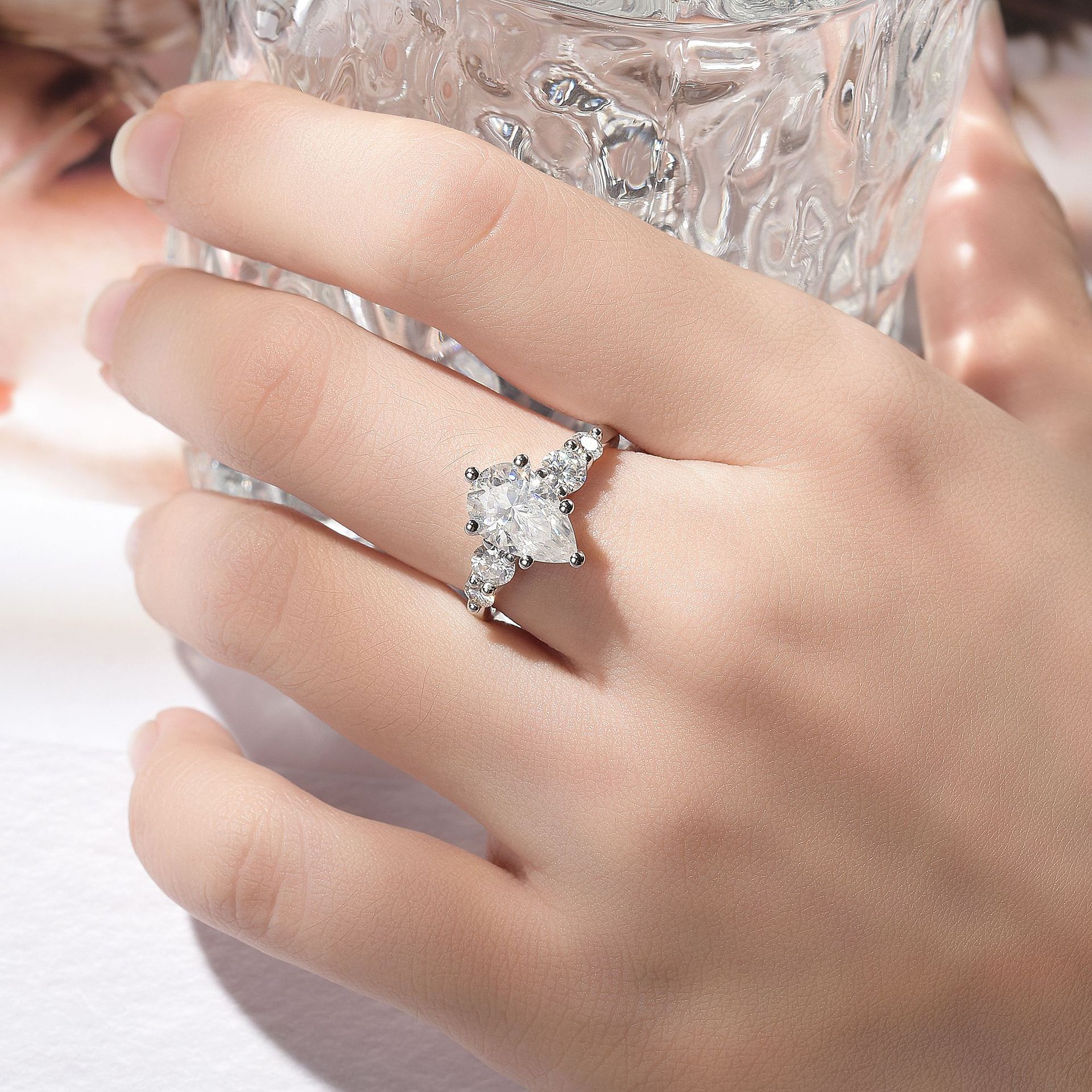 3Ct Moissanite Pear Cut Round Side Chic Five-Diamond Statement Engagement Ring