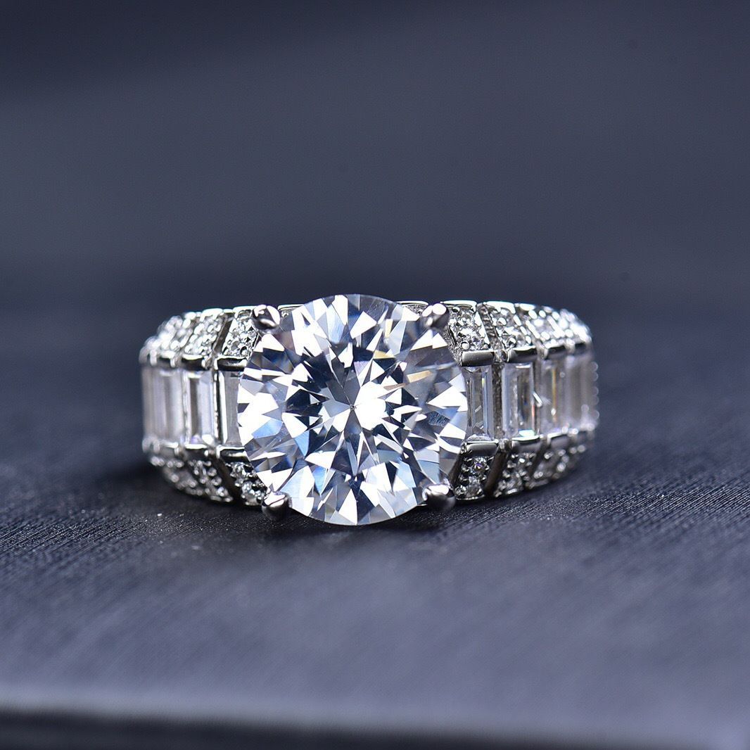 5Ct Moissanite Three-Row Tapered Shank Sterling Silver Engagement Ring