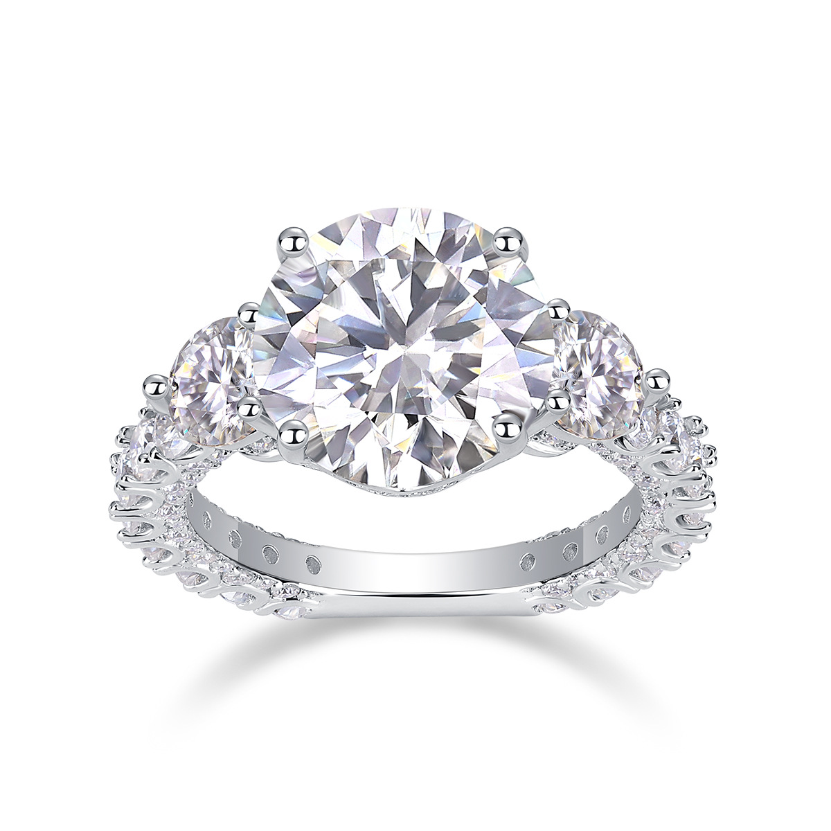 5Ct Moissanite Sparkling Three-Stone Pave Sterling Silver Engagement Ring