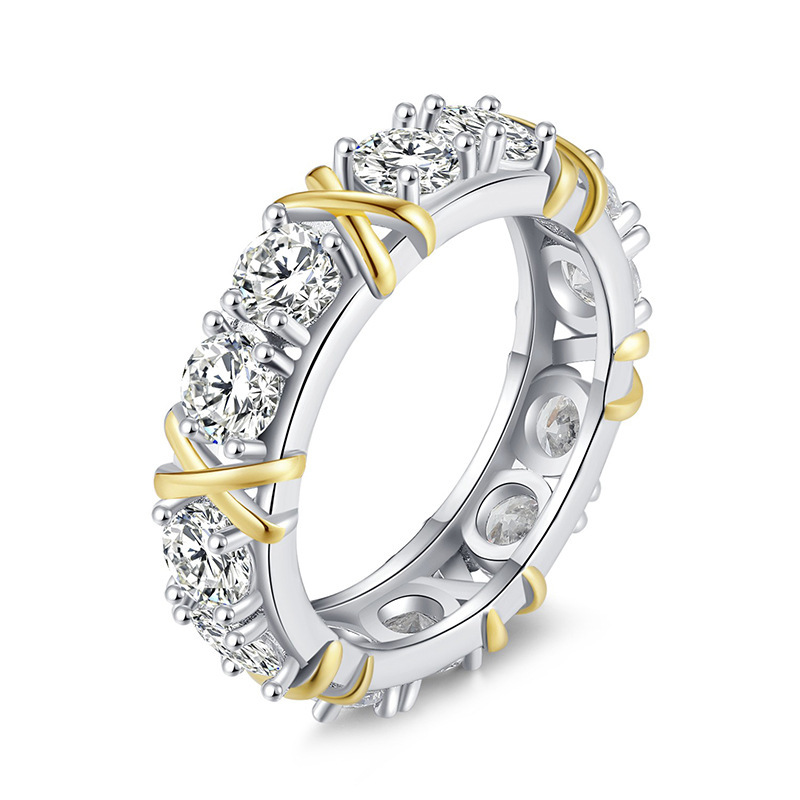 Luna Moissanite Round Cut X-Prong Two-Tone Full Eternity Wedding Band In Sterling Silver