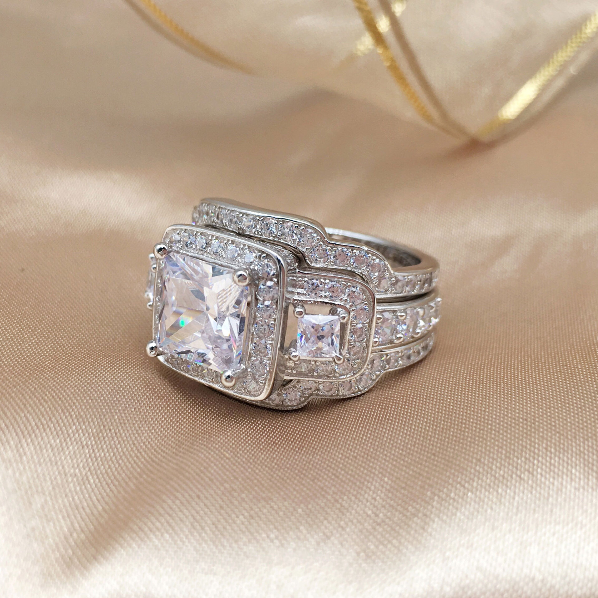 3Ct Luxurious Vintage Princess Cut Halo Side Stone Wedding Ring Set in Sterling Silver