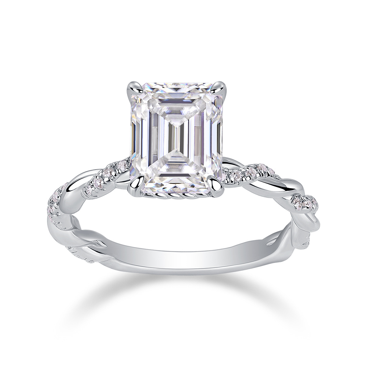 2Ct Emerald Cut Moissanite Vine-Inspired Twisted Band Sterling Silver Engagement Ring