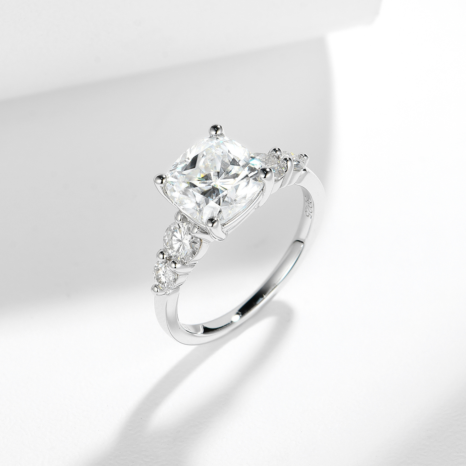 3Ct Moissanite Cushion Cut Side Chic Five-Stone Sterling Silver Engagement Ring