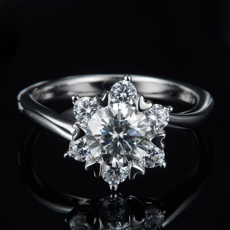 1Ct Moissanite Round Starflower Side Stone Engagement Ring-Sterling Silver-lornajewelry