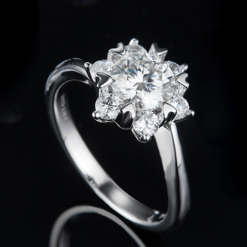 1Ct Moissanite Round Starflower Side Stone Engagement Ring-Sterling Silver-lornajewelry