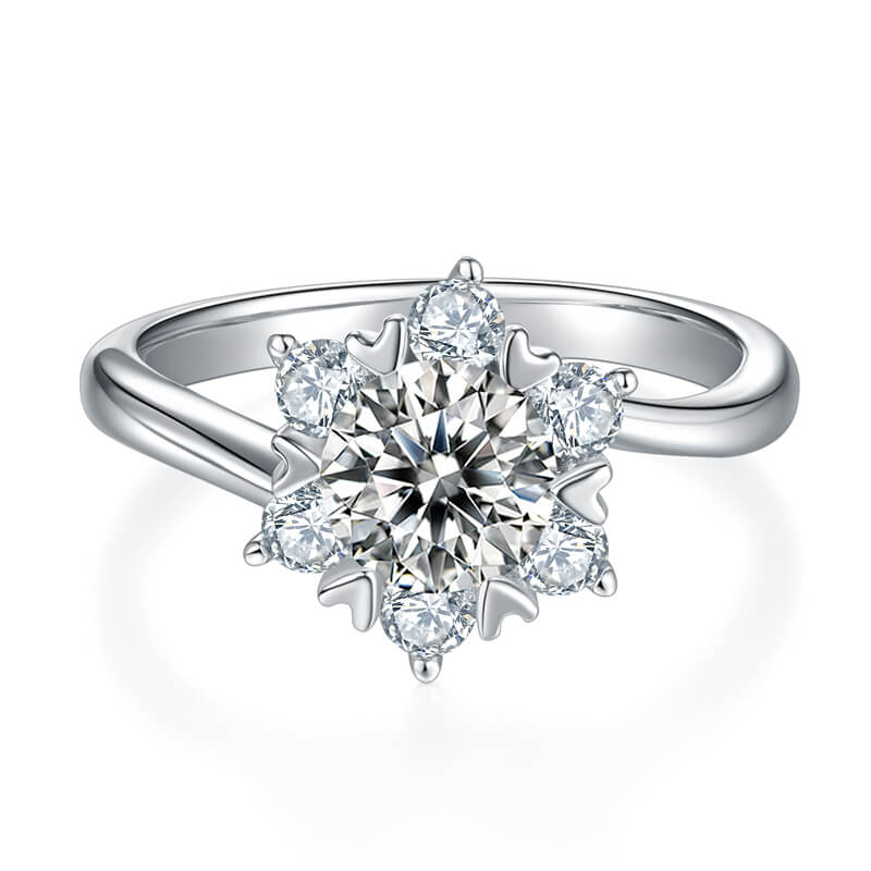 1Ct Moissanite Round Starflower Side Stone Engagement Ring-Sterling Silver-lornajewelry