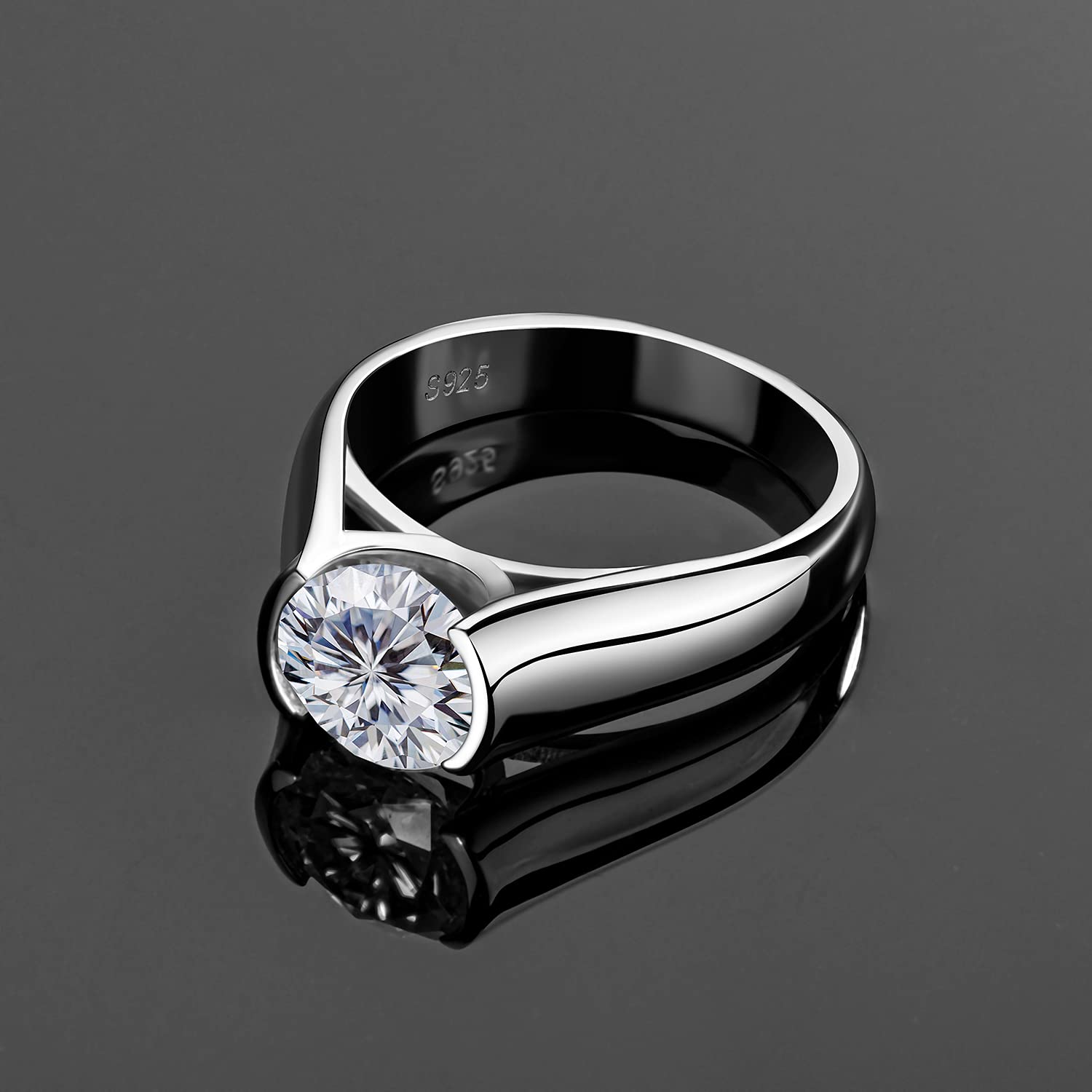 1Ct/2Ct/3Ct Moissanite Solitaire Half Bezel Set Sterling Silver Engagement Ring-Sterling Silver-lornajewelry