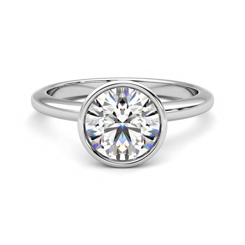 1Ct/2Ct Moissanite Solitaire Round Bezel Set Engagement Ring-Sterling Silver-lornajewelry