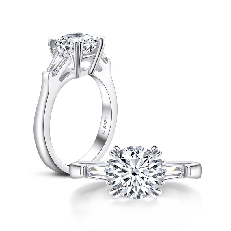 2Ct Moissanite Three Stone Round Tapered Baguette Engagement Ring-Sterling Silver-lornajewelry