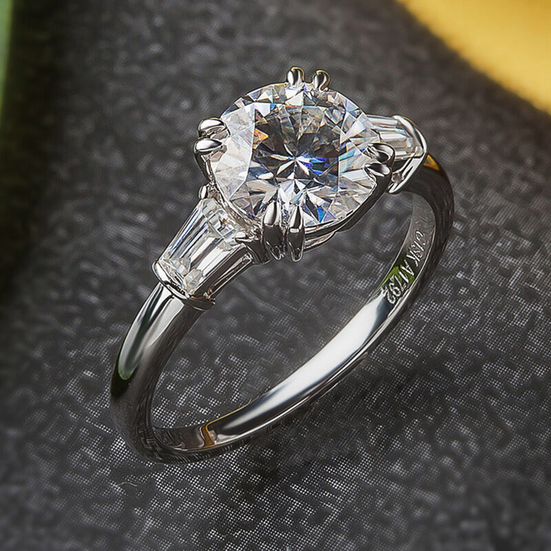 2Ct Moissanite Three Stone Round Tapered Baguette Engagement Ring-Sterling Silver-lornajewelry