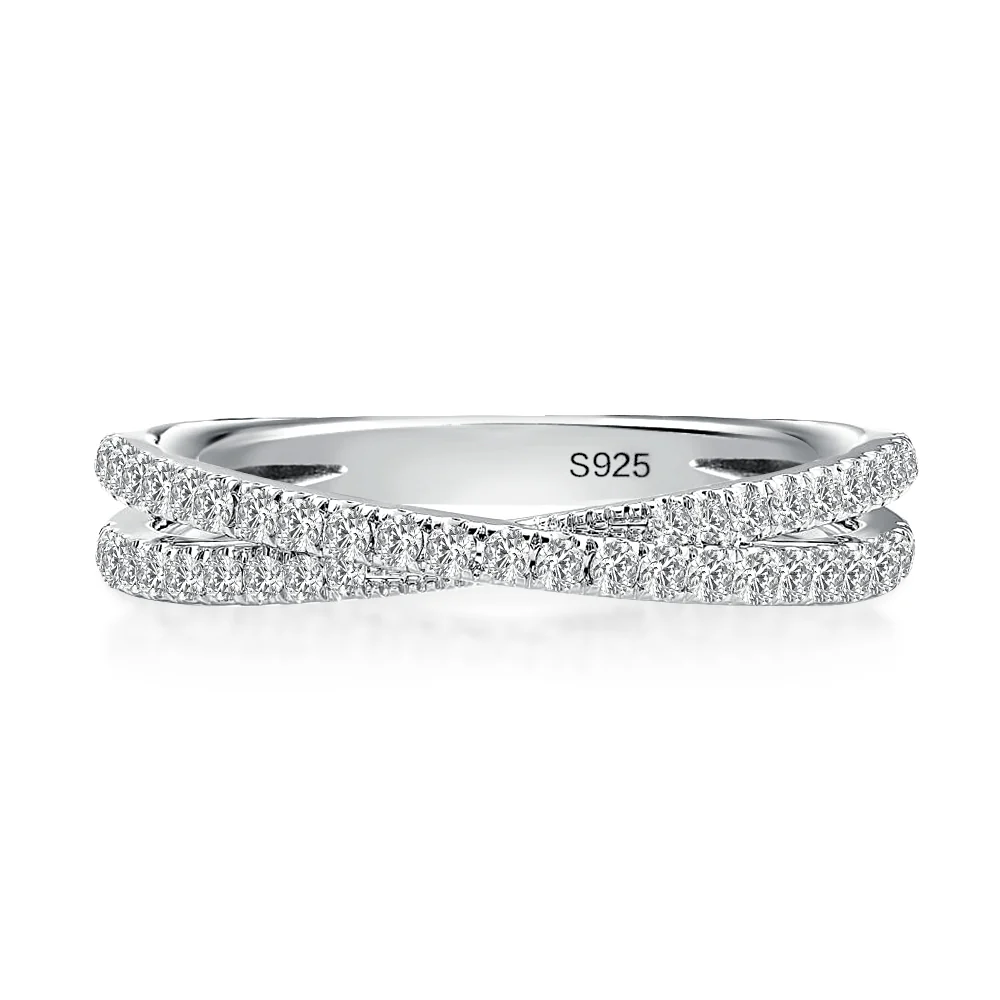Luna Moissanite Round Cut Classic X Criss Cross Half Eternity Wedding Band In Sterling Silver