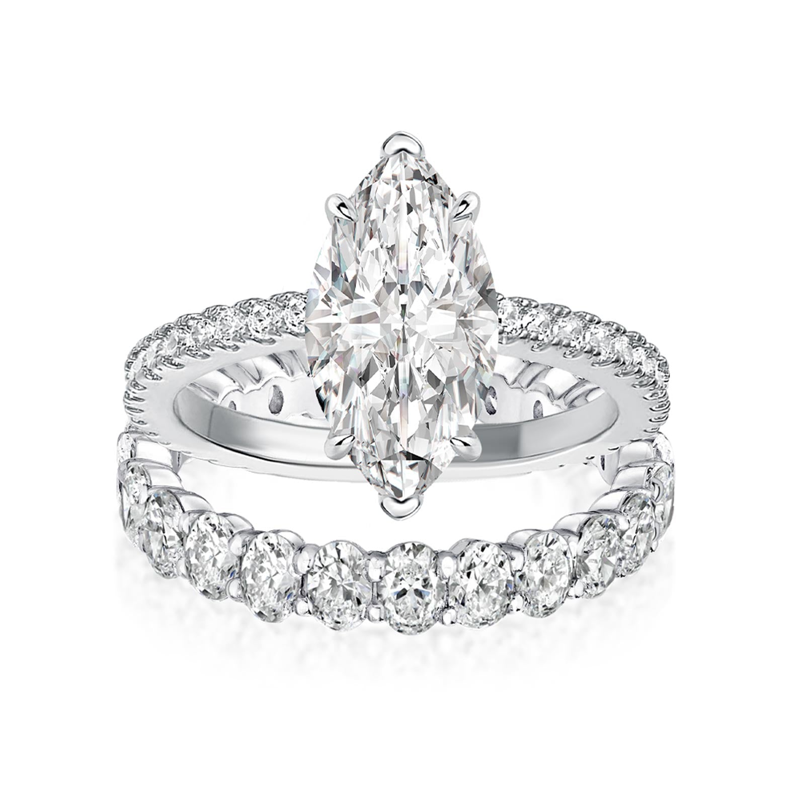 Luna Moissanite 4.0 Ct Marquise Cut Pave 2-Pc Wedding Ring Set In Sterling Silver With Oval Cut Band