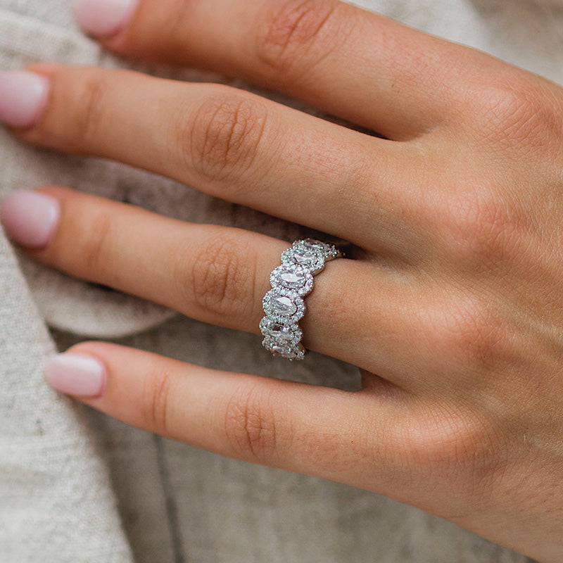Luxurious Halo Oval Cut Wedding Band For Women In Sterling Silver-Sterling Silver-lornajewelry
