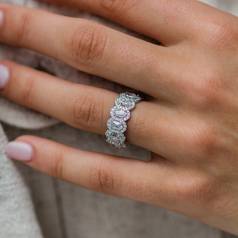 Luxurious Halo Oval Cut Wedding Band For Women In Sterling Silver-Sterling Silver-lornajewelry