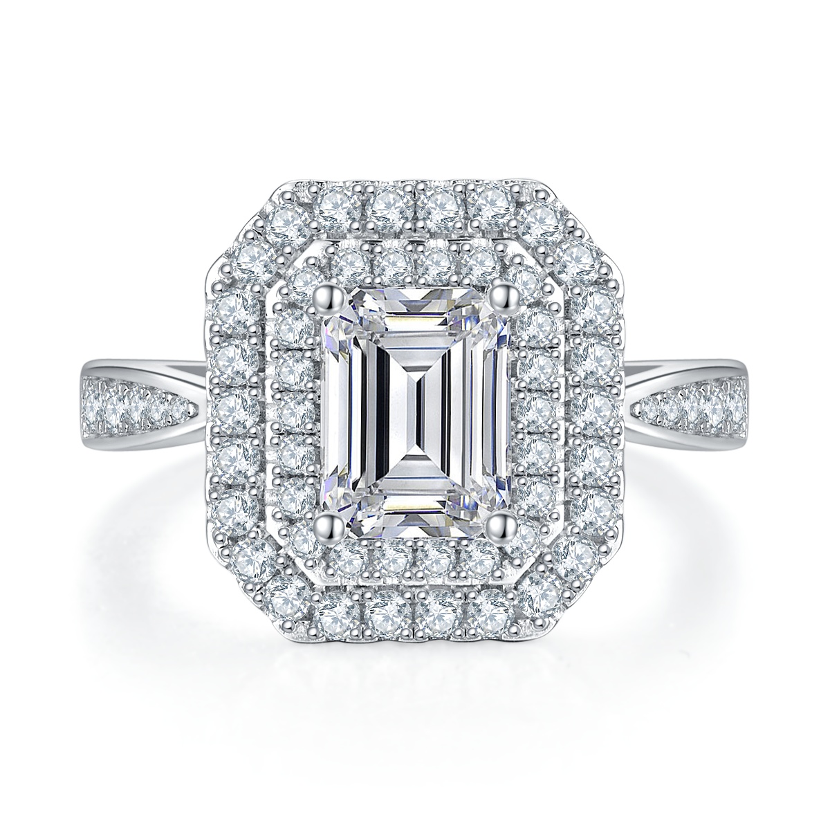 2Ct Moissanite Emerald Cut Glamorous Halo Engagement Ring in Sterling Silver-Sterling Silver-lornajewelry