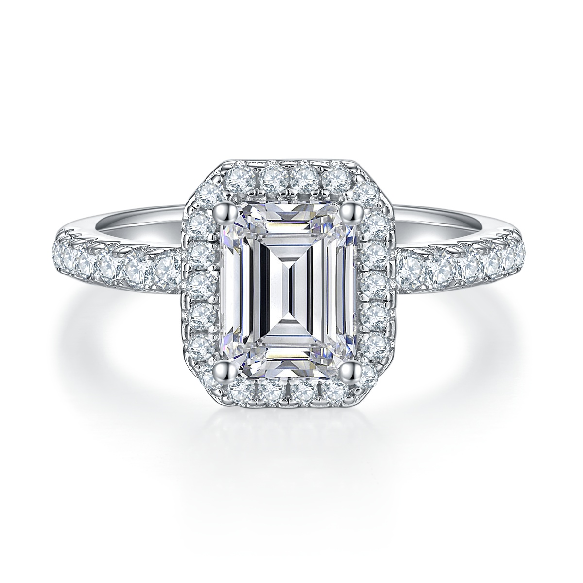 2Ct Moissanite Emerald Cut Halo Chic Design Engagement Ring in Sterling Silver-Sterling Silver-lornajewelry