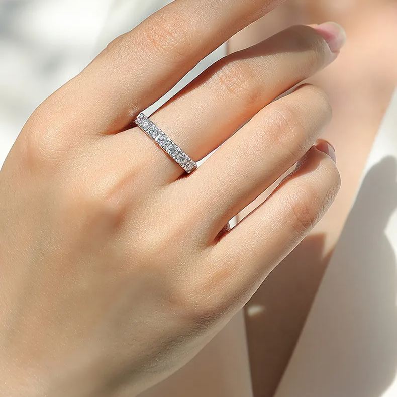 Moissanite Pave Half Eternity Wedding Band Stackable Ring-Sterling Silver-lornajewelry