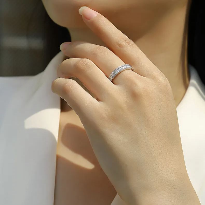 Moissanite Emerald Cut Half Eternity Channel Setting Band Stackable Ring-Sterling Silver-lornajewelry