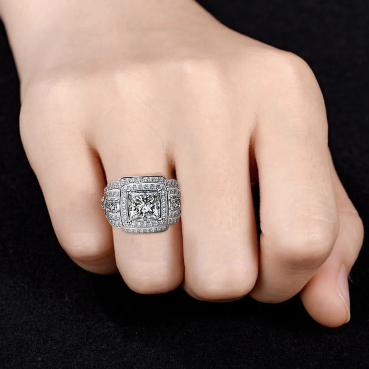3Ct Luxurious Vintage Princess Cut Halo Side Stone Wedding Ring Set in Sterling Silver