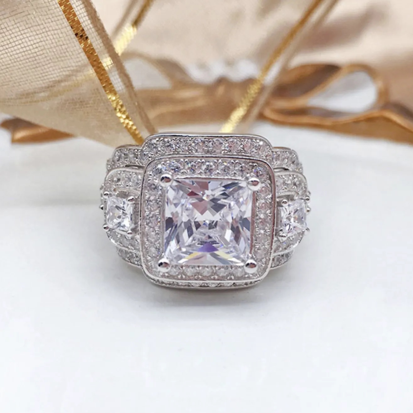 3Ct Luxurious Vintage Princess Cut Halo Side Stone Wedding Ring Set in Sterling Silver