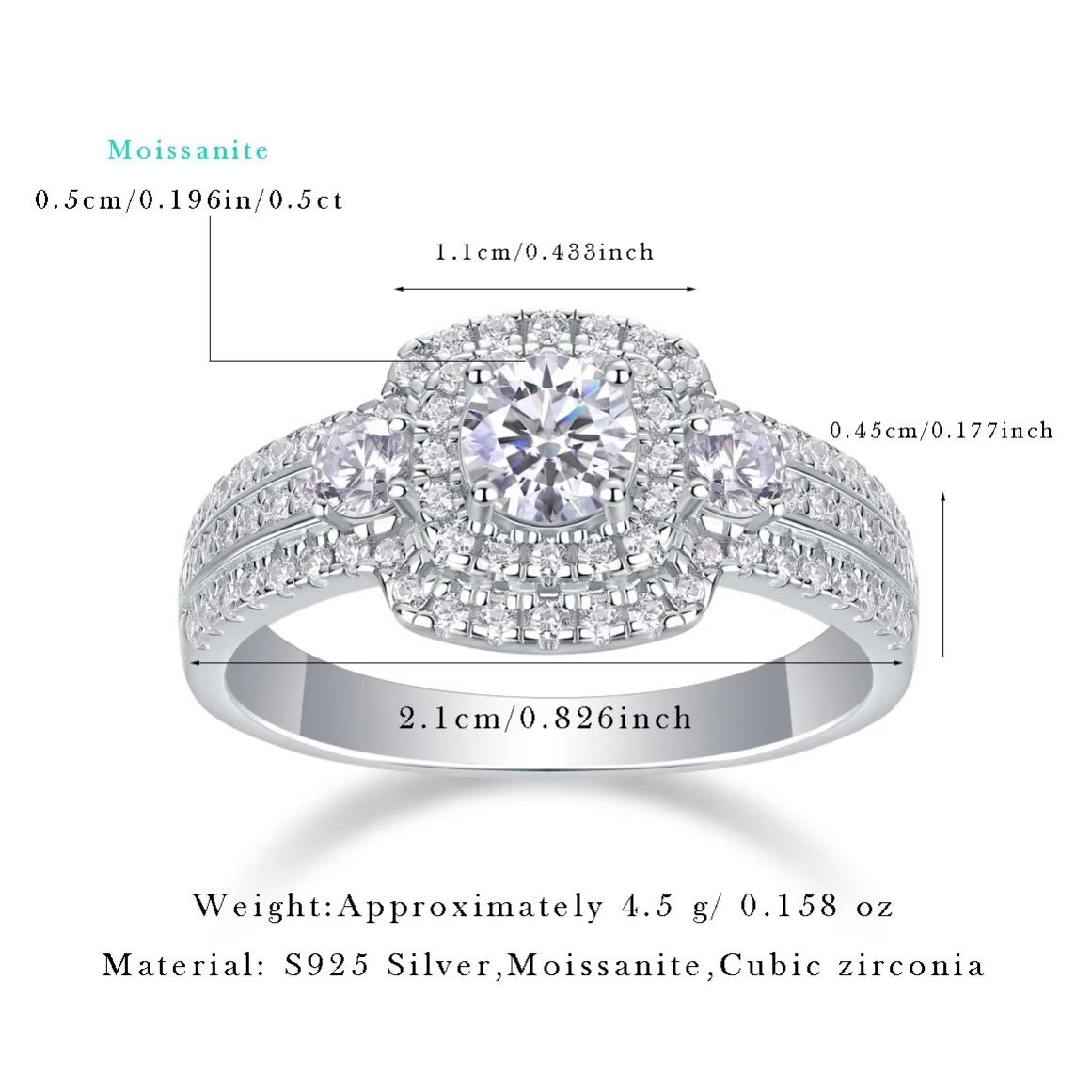 0.5Ct Round Cut Moissanite Wide Band  Elegant Design Sterling Silver Engagement Ring