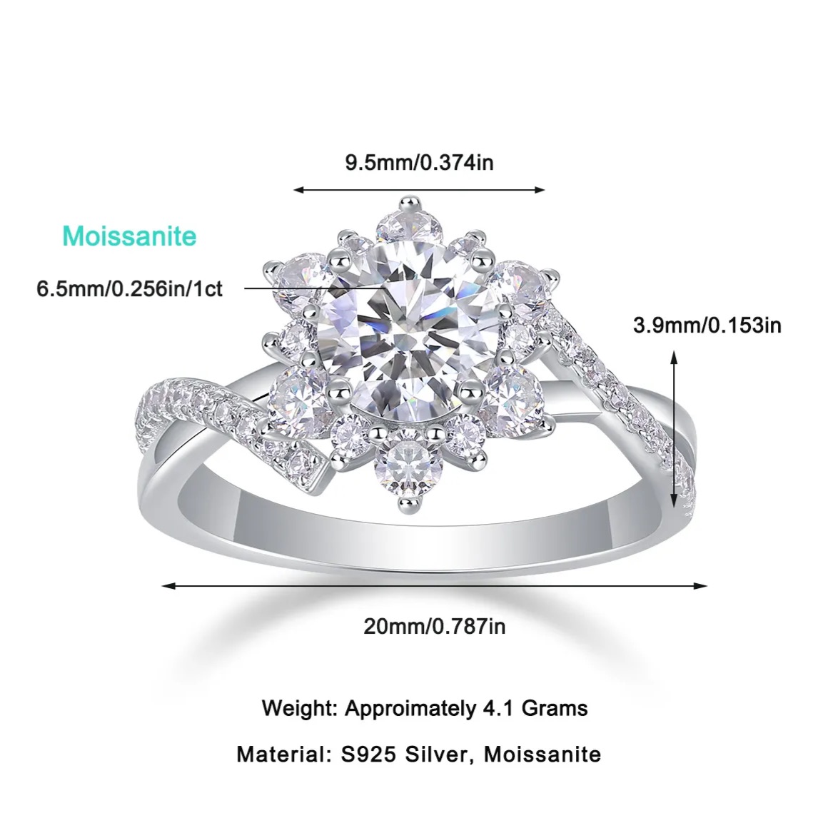 1Ct Round Cut Moissanite Elegant Floral Halo Design Sterling Silver Engagement Ring