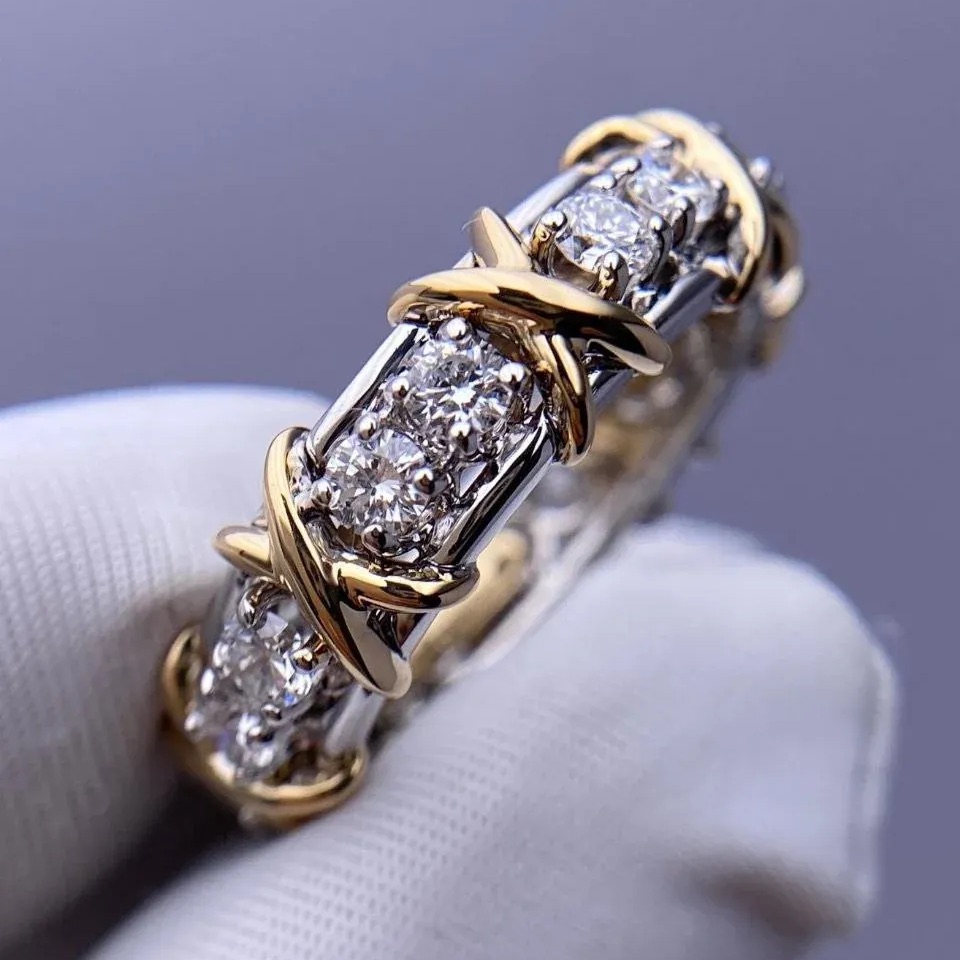 Moissanite Round Cut Yellow Gold X Prong Setting Band