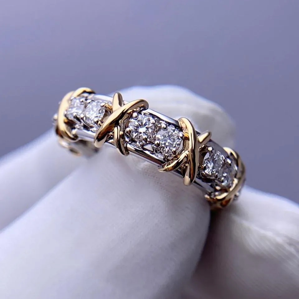 Moissanite Round Cut Yellow Gold X Prong Setting Band