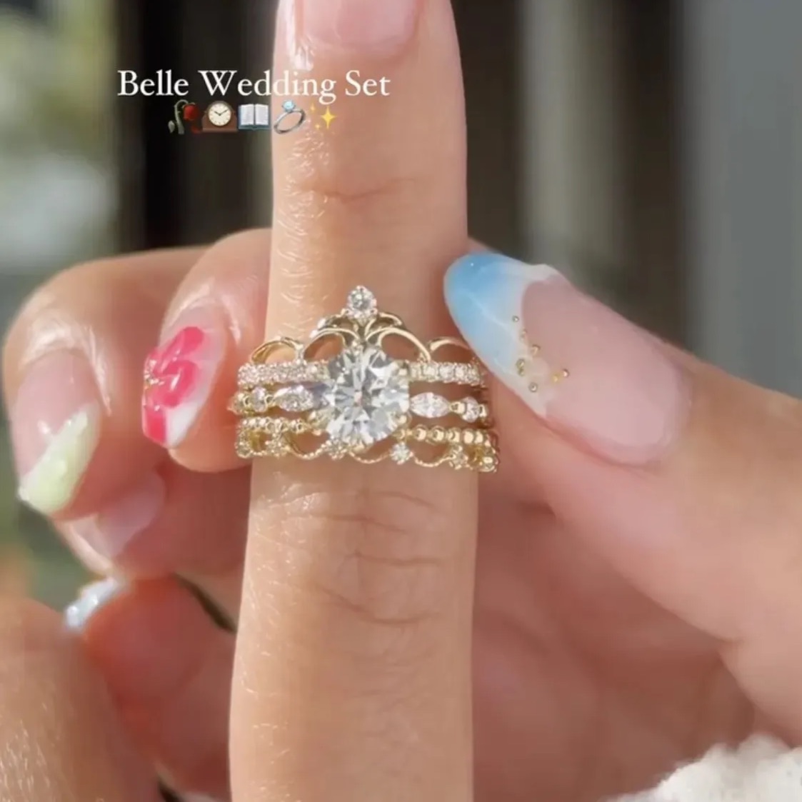 1Ct Moissanite Vintage Tiara Crown Wedding Ring Set 3 Pieces For Women In Sterling Silver