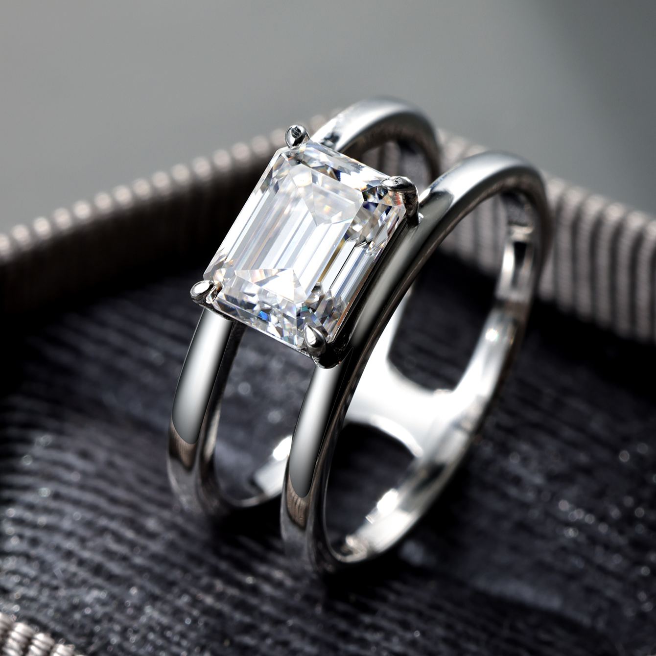 2Ct Moissanite Emerald Cut Sugar Cube Design Solitaire Engagement Ring in Sterling Silver-Sterling Silver-lornajewelry