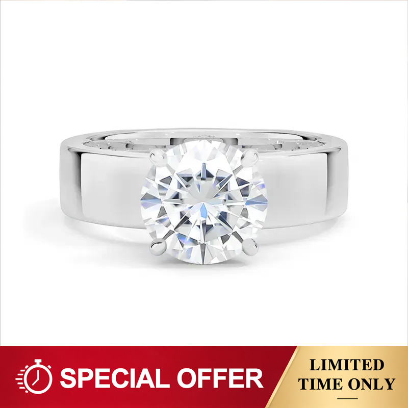 Moissanite 2.0 Ct Round Cut Solitair Wide Band Engagement Ring In Sterling Silver