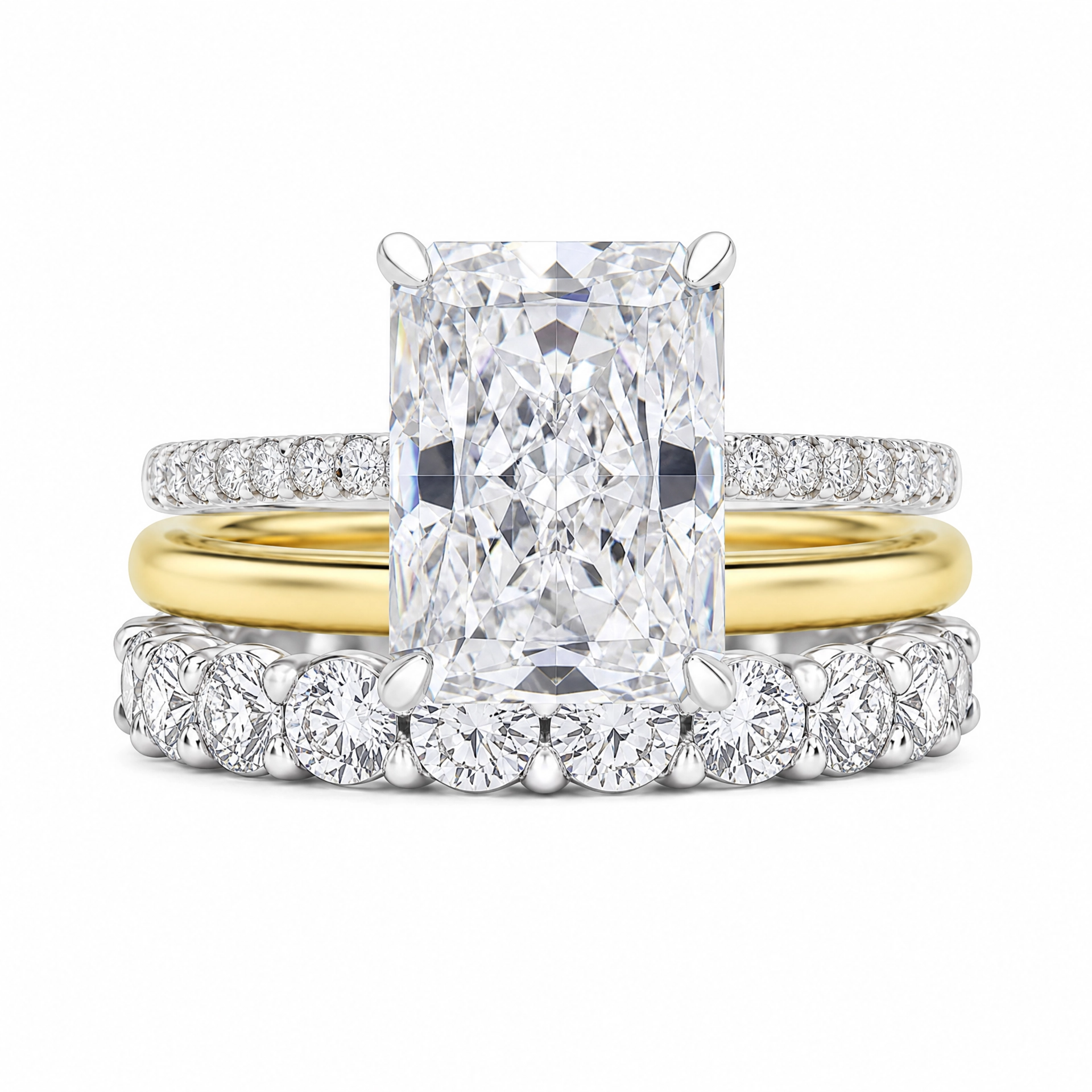 Luna Moissanite 4.0 Ct Radiant Cut 3-Pc Wedding Ring Set In Sterling Silver