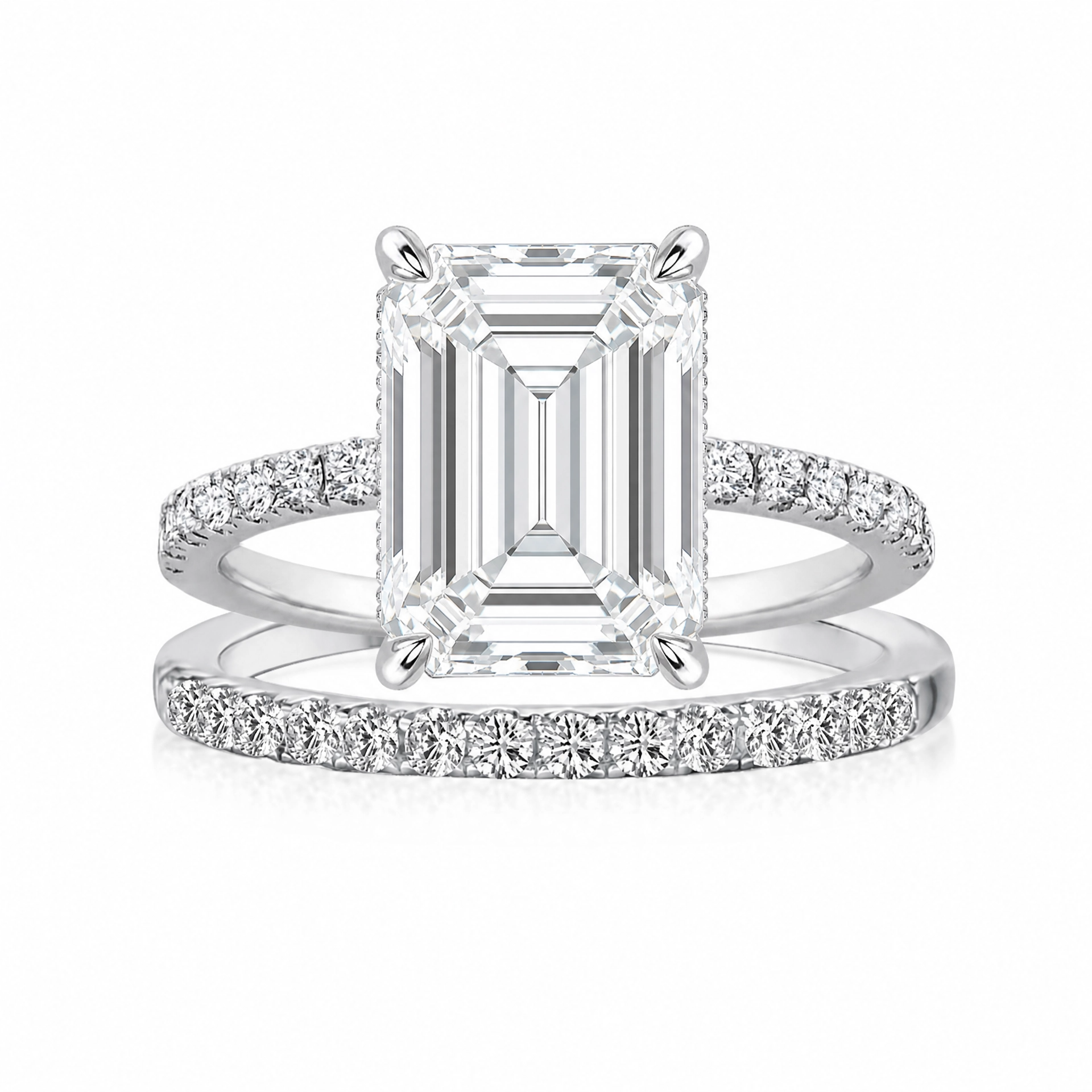 Luna Moissanite 2.0 Ct ～ 4.0 Ct Emerald Cut Classic 2-Pc Wedding Ring Set In Sterling Silver