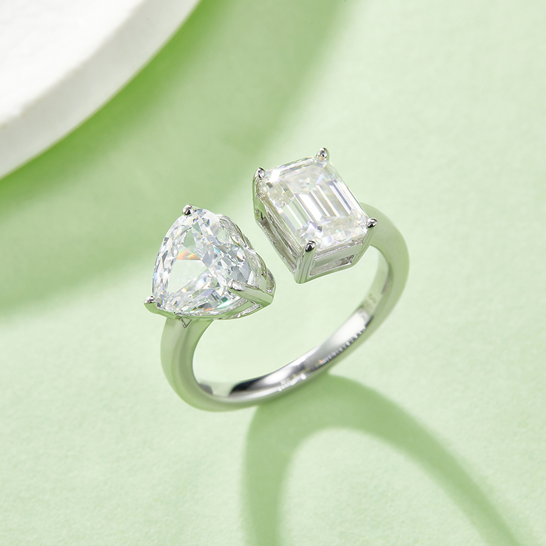 2Ct+1.5Ct Moissanite Heart & Emerald Cut Double Stones Design Engagement Ring