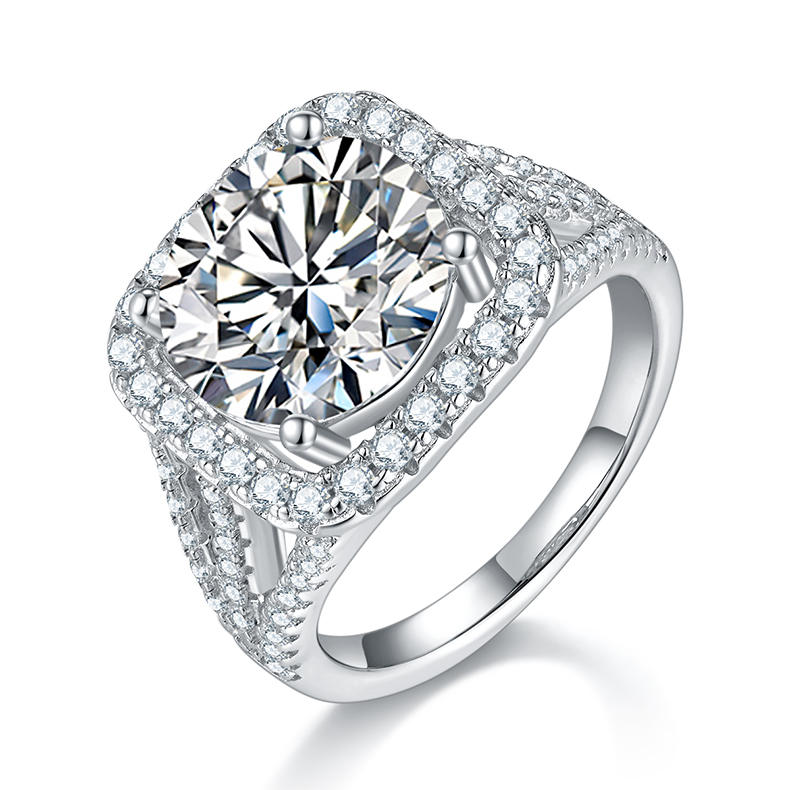 Luna Moissanite 5.0 Ct Round Cut Square Halo Split Shank Engagement Ring In Sterling Silver