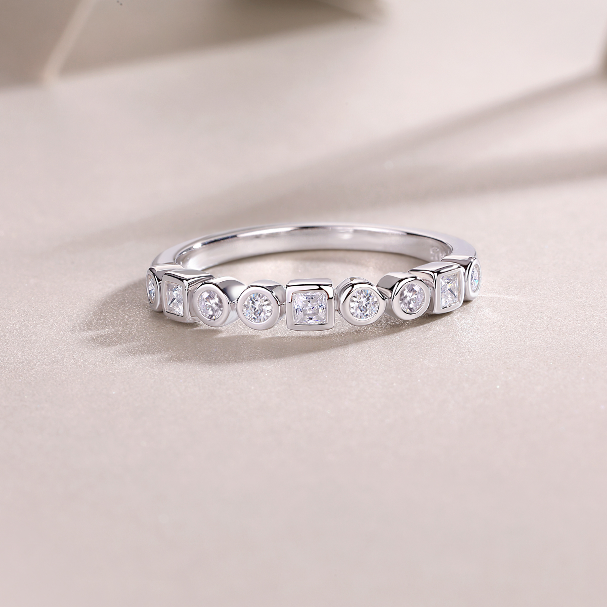 Moissanite Round & Princess Cut Irregular Design Women's Wedding Band In Sterling Silver-Sterling Silver-lornajewelry