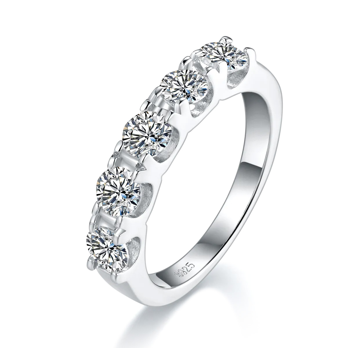 Moissanite 5-Stone 4.0mm Classic Half Eternity Wedding Band In Sterling Silver