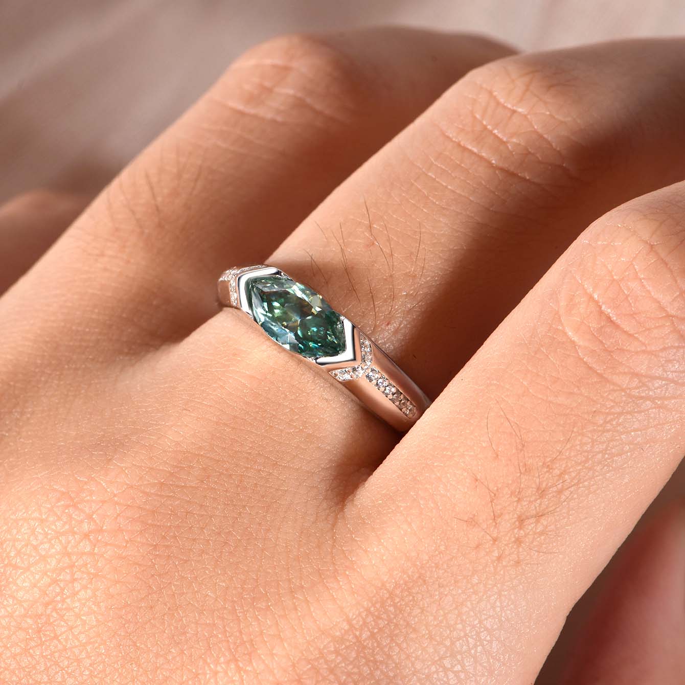 1Ct Green Moissanite Marquise Cut Bezel Romantic Design Engagement Ring in Sterling Silver-Sterling Silver-lornajewelry