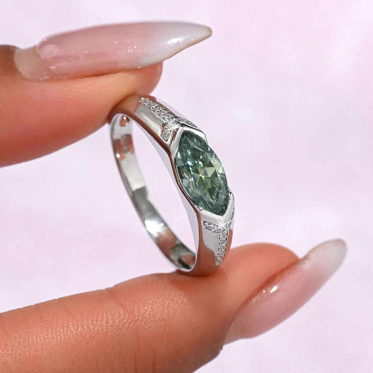 1Ct Green Moissanite Marquise Cut Bezel Romantic Design Engagement Ring in Sterling Silver-Sterling Silver-lornajewelry