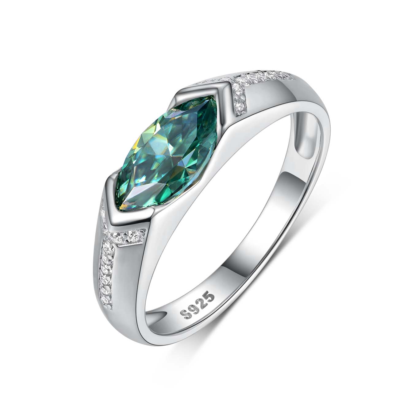 1Ct Green Moissanite Marquise Cut Bezel Romantic Design Engagement Ring in Sterling Silver-Sterling Silver-lornajewelry