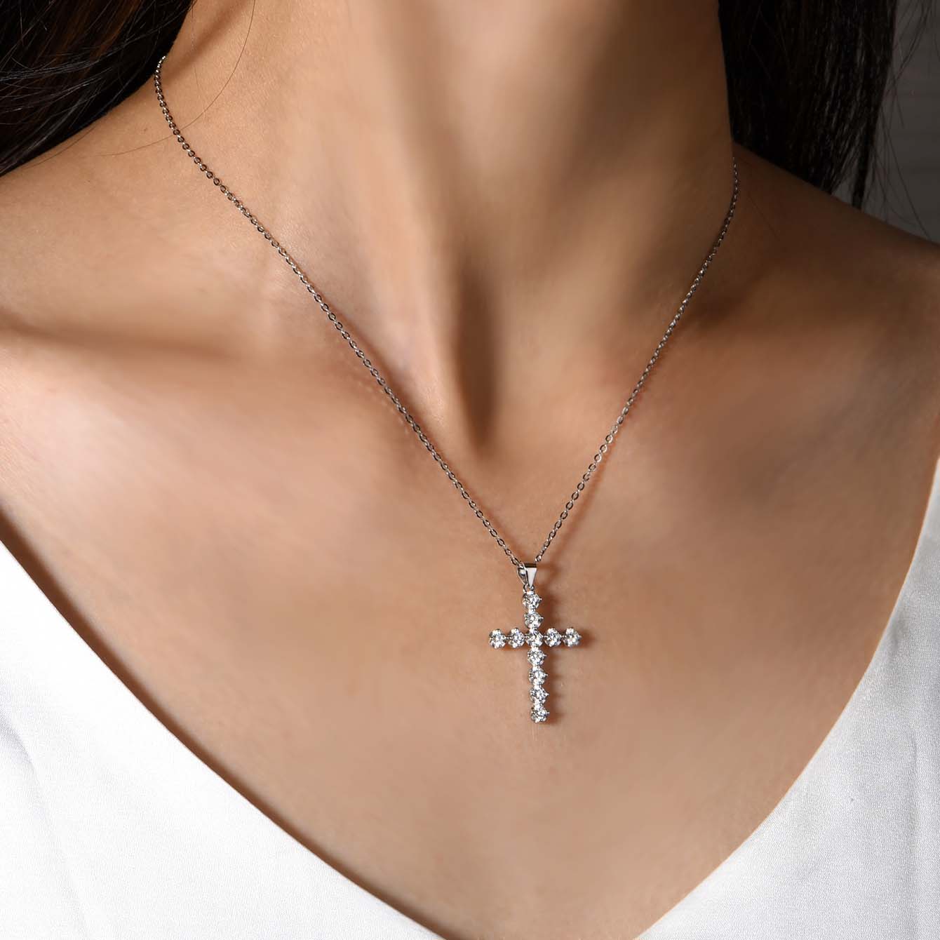 Moissanite Cross Design Pendant Necklace in Sterling Silver-Sterling Silver-lornajewelry