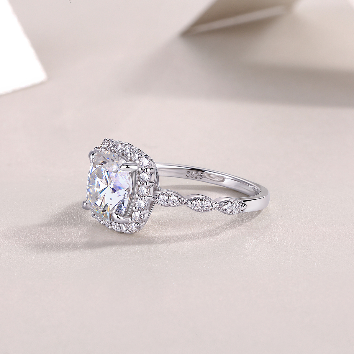 3Ct Moissanite Cushion Cut Halo Sophisticated Design Engagement Ring in Sterling Silver-Sterling Silver-lornajewelry