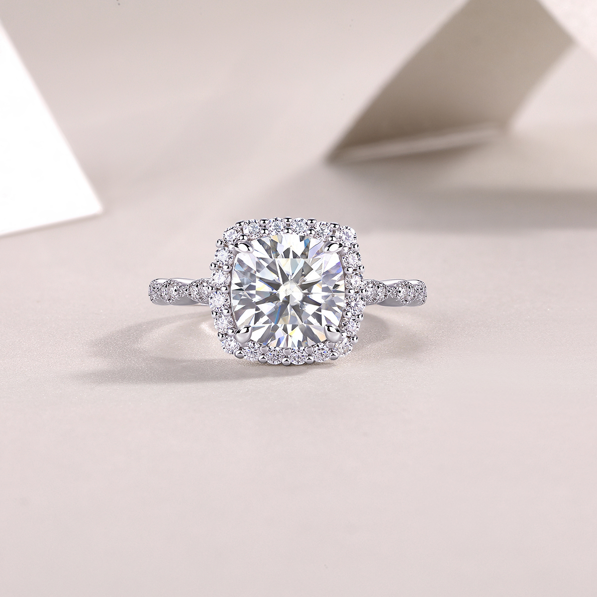 3Ct Moissanite Cushion Cut Halo Sophisticated Design Engagement Ring in Sterling Silver-Sterling Silver-lornajewelry