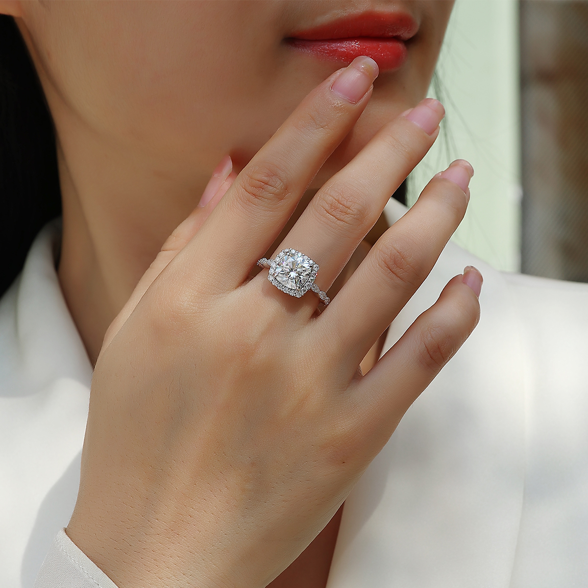 3Ct Moissanite Cushion Cut Halo Sophisticated Design Engagement Ring in Sterling Silver-Sterling Silver-lornajewelry