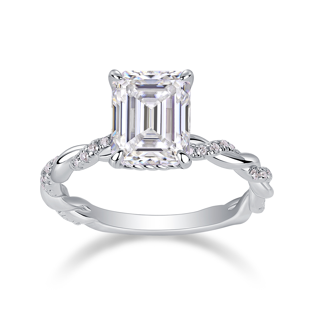 3Ct Moissanite Emerald Cut Twist Classic Design Engagement Ring in Sterling Silver-Sterling Silver-lornajewelry