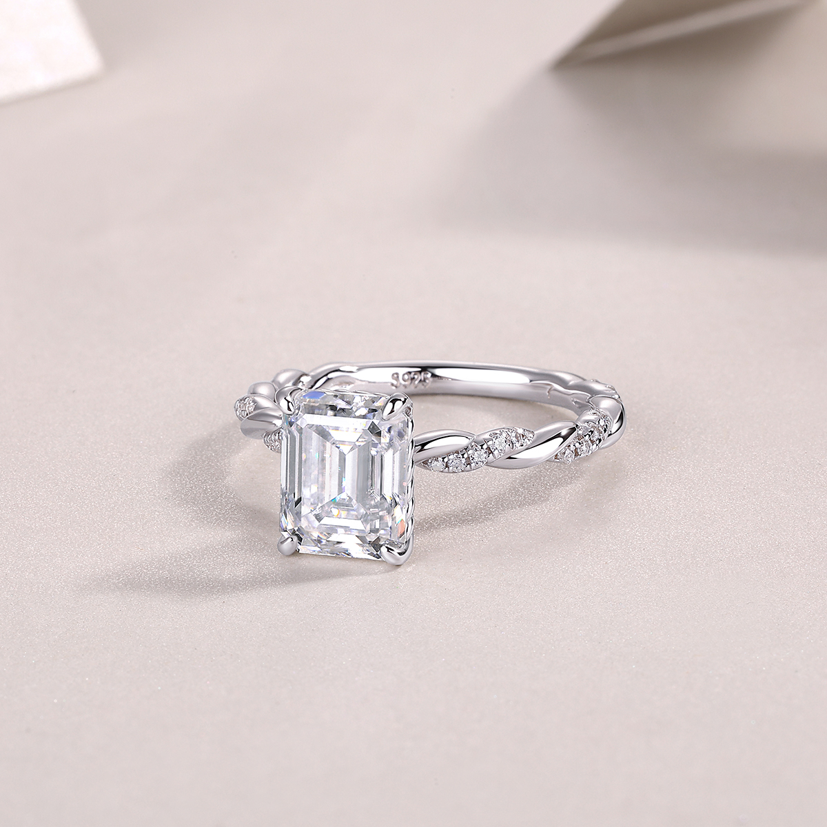 3Ct Moissanite Emerald Cut Twist Classic Design Engagement Ring in Sterling Silver-Sterling Silver-lornajewelry